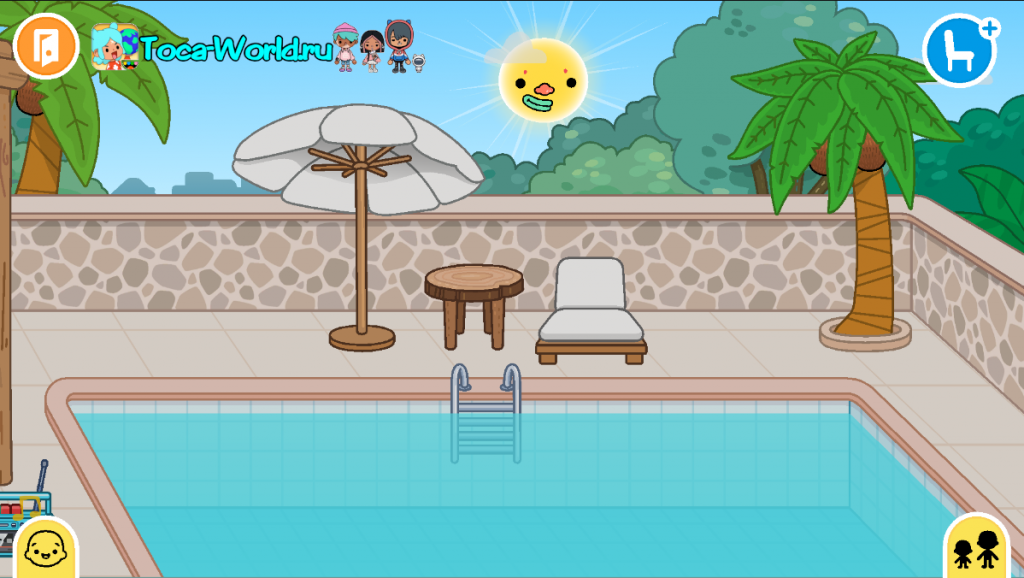 Коттедж с бассейном - бассейн, лежаки, зонтик и пальмы